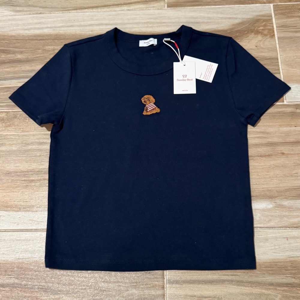 Sunday Best Aritzia Navy Blue BestHug Ribbed T-Shirt Embroidered Poodle Dog S